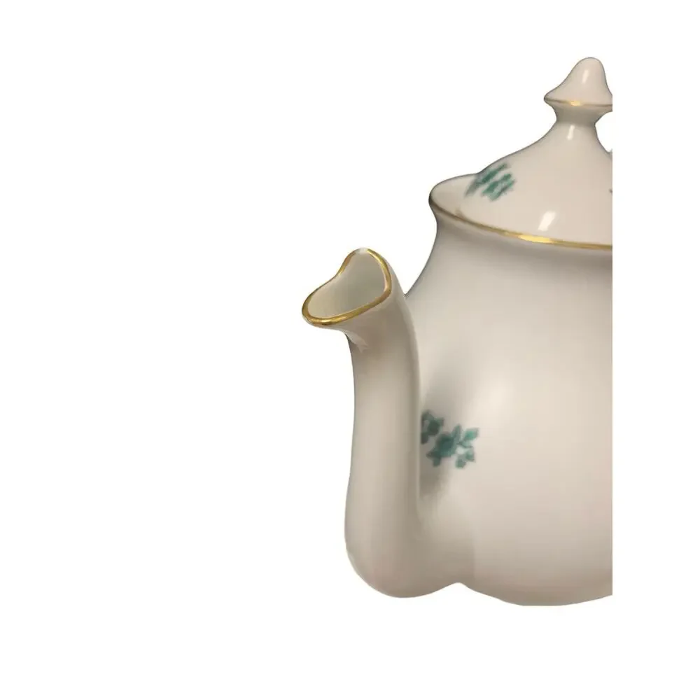 Mottahedeh Vista Alegre Porcelain 9 Inch Green Rose Floral Tea Pot Made In Portu